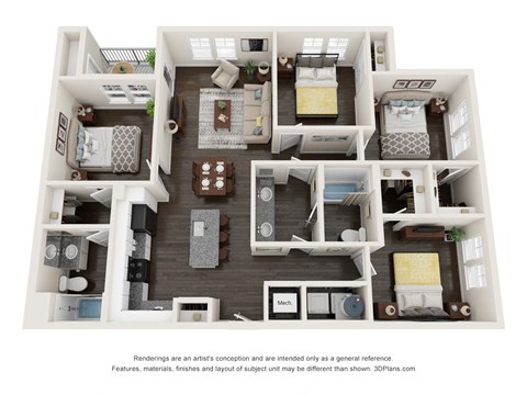Floor plan for 4 beds, 2 baths, 1324 sqft